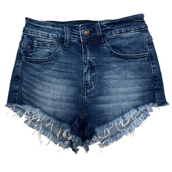KANCAN Girlfriend High Rise Frayed Hem Stretch Jean Shorts - Size 25 - Picture 1 of 5